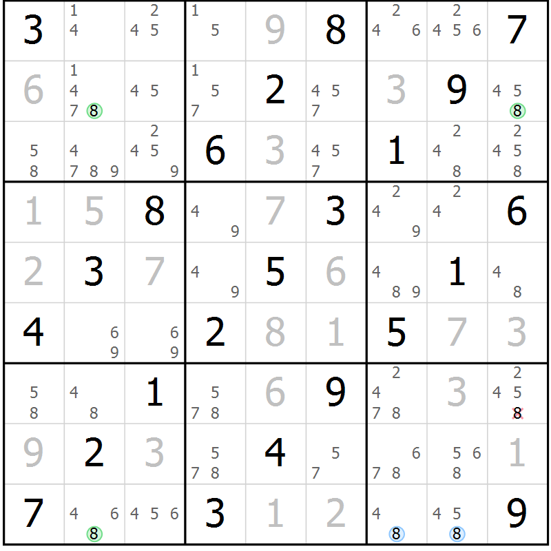 Position des candidats pour la solution de la Gr 1 page 4 du magazine de sudoku Maestro n° 102