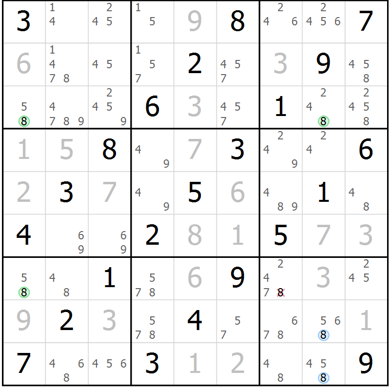 Position des candidats pour la solution de la Gr 1 page 4 du magazine de sudoku Maestro n° 102