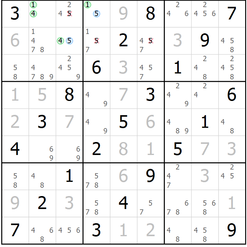 Position des candidats pour la solution de la Gr 1 page 4 du magazine de sudoku Maestro n° 102