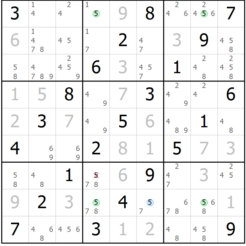Position des candidats pour la solution de la Gr 1 page 4 du magazine de sudoku Maestro n° 102