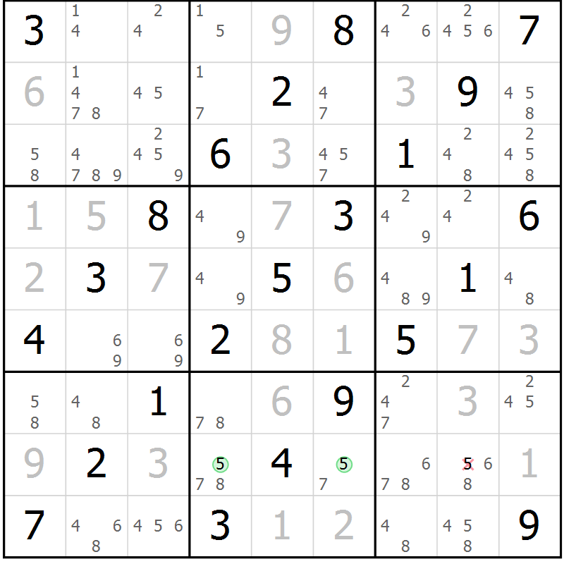 Position des candidats pour la solution de la Gr 1 page 4 du magazine de sudoku Maestro n° 102