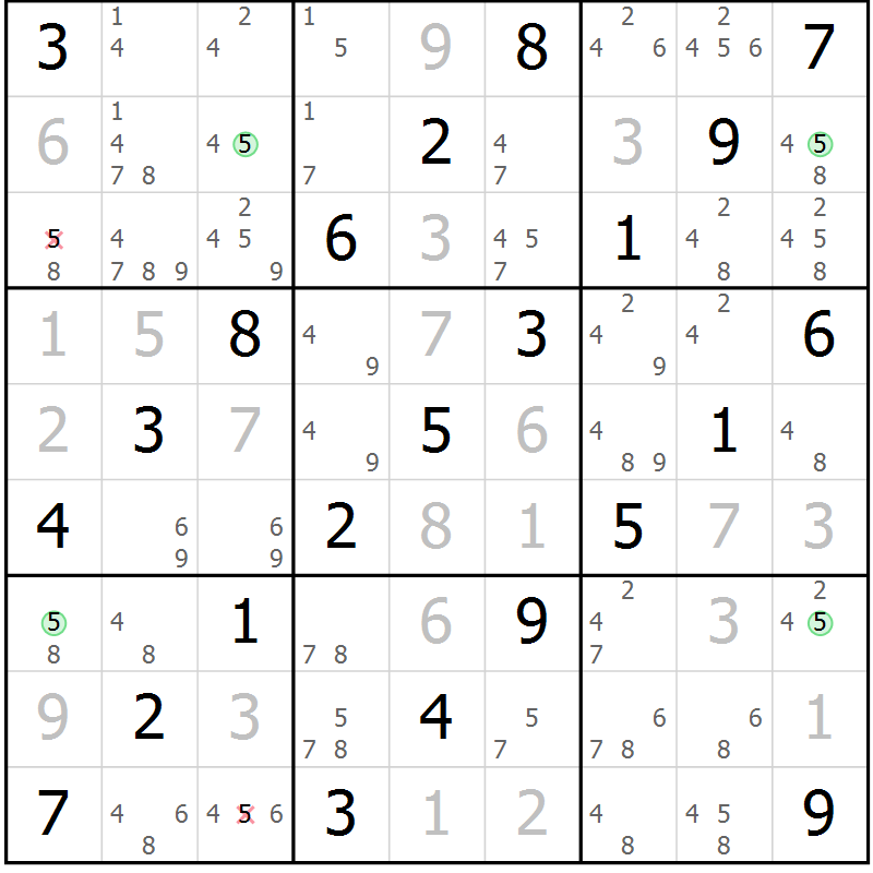 Position des candidats pour la solution de la Gr 1 page 4 du magazine de sudoku Maestro n° 102
