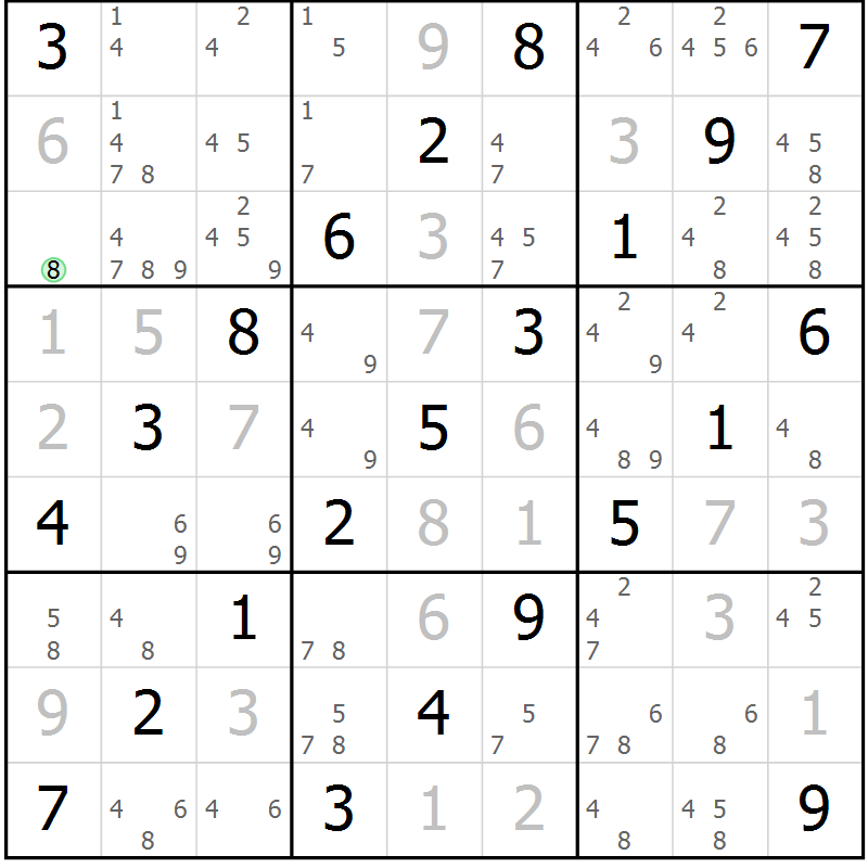 Position des candidats pour la solution de la Gr 1 page 4 du magazine de sudoku Maestro n° 102