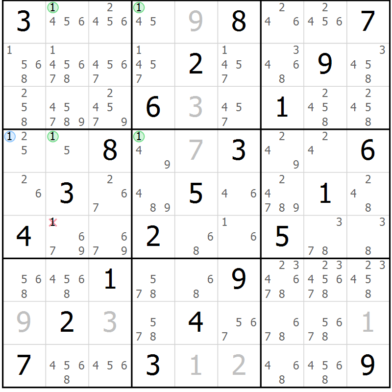Position des candidats pour la solution de la Gr 1 page 4 du magazine de sudoku Maestro n° 102