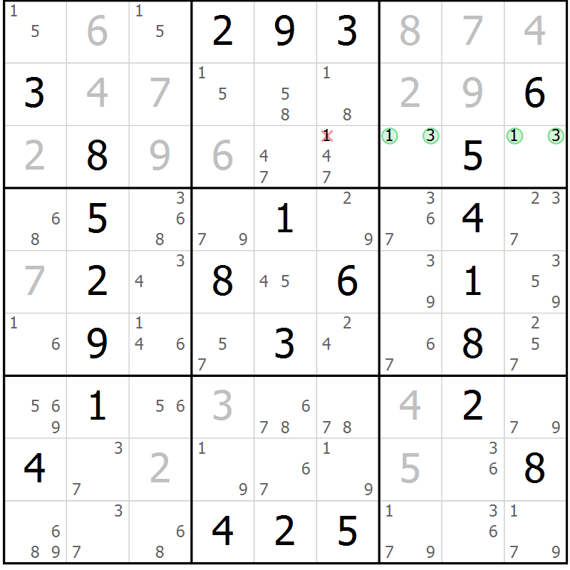 Position des candidats pour la solution de la Gr 10 page 13 du magazine de sudoku Maestro n° 102
