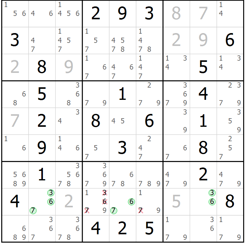 Position des candidats pour la solution de la Gr 10 page 13 du magazine de sudoku Maestro n° 102