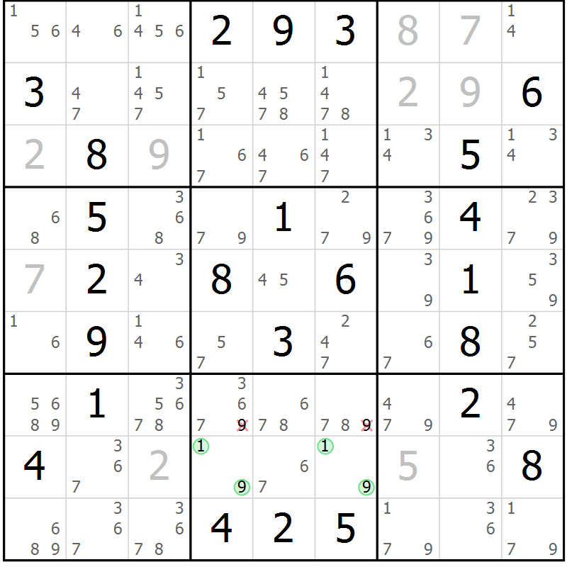 Position des candidats pour la solution de la Gr 10 page 13 du magazine de sudoku Maestro n° 102