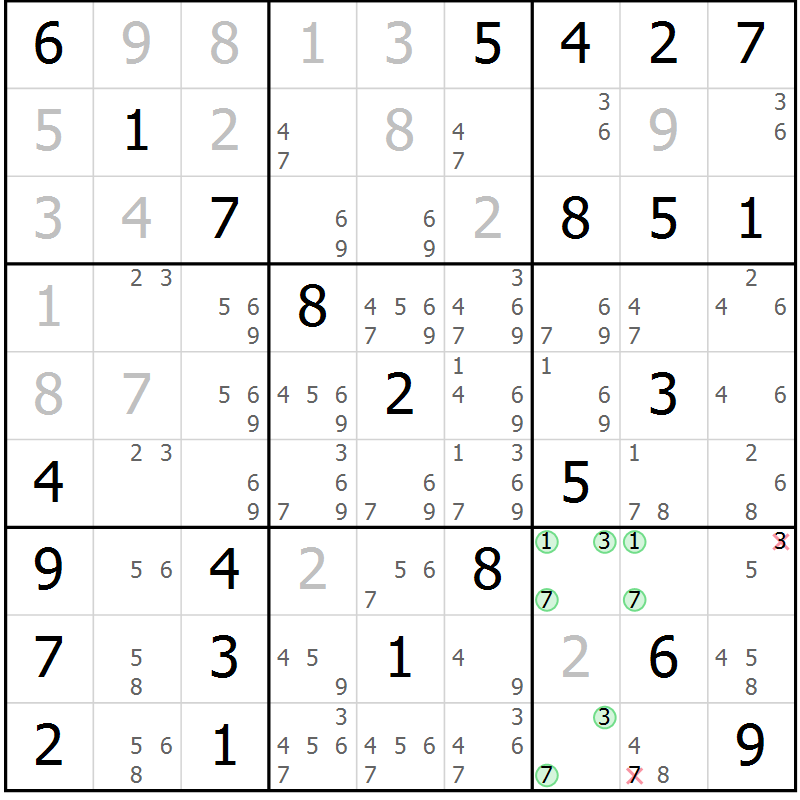 Position des candidats pour la solution de la Gr 16 page 19 du magazine de sudoku Maestro n° 102