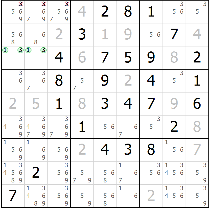 Position des candidats pour la solution de la Gr 17 page 20 du magazine de sudoku Maestro n° 102