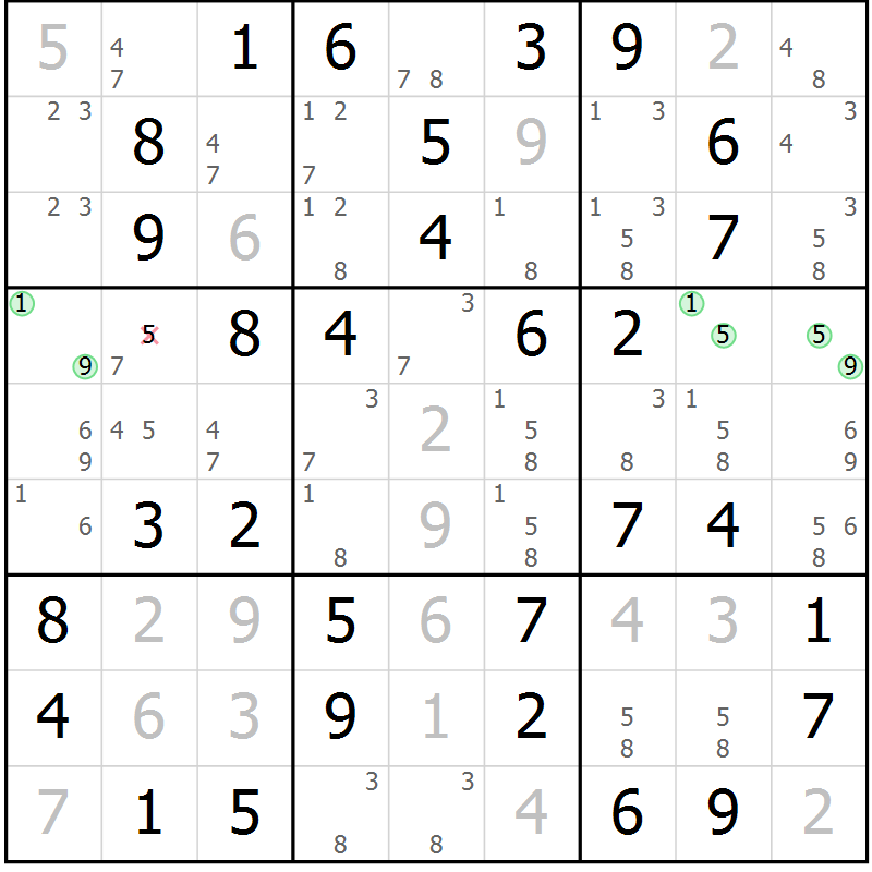 Position des candidats pour la solution de la Gr 18 page 21 du magazine de sudoku Maestro n° 102