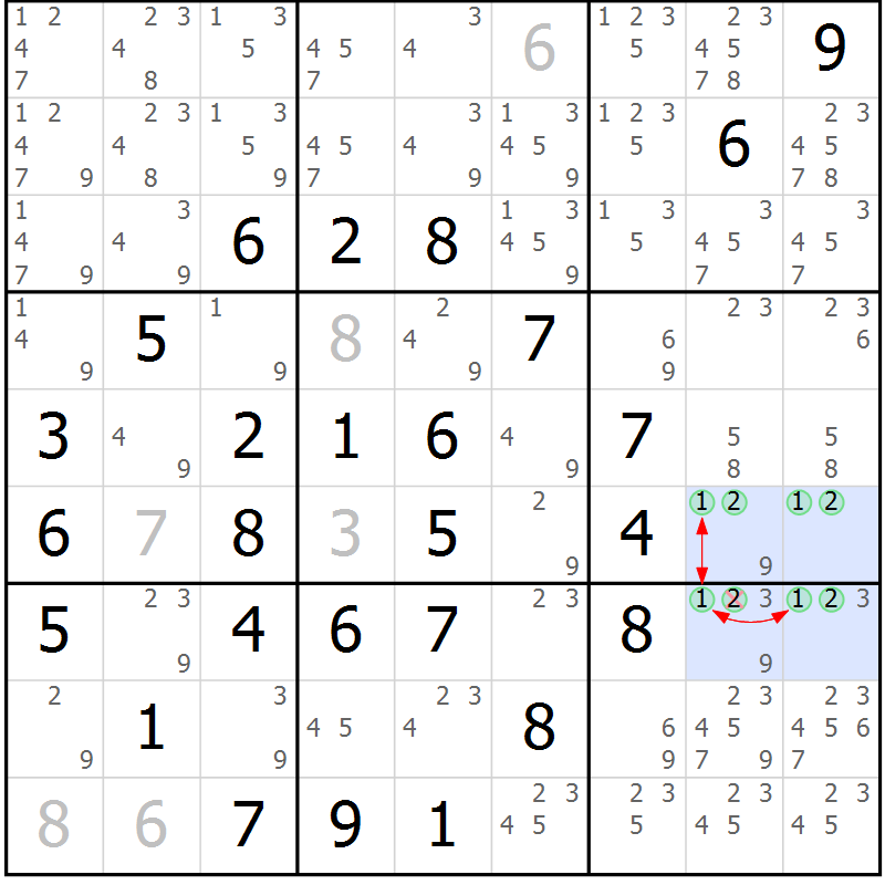 Position des candidats pour la solution de la Gr 19 page 22 du magazine de sudoku Maestro n° 102