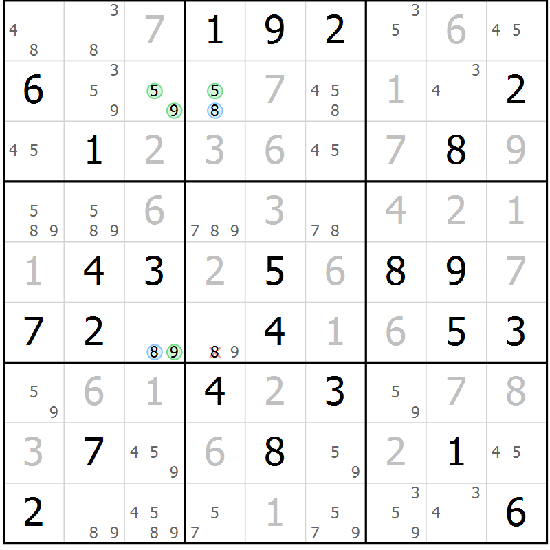 Position des candidats pour la solution de la Gr 25 page 28 du magazine de sudoku Maestro n° 102