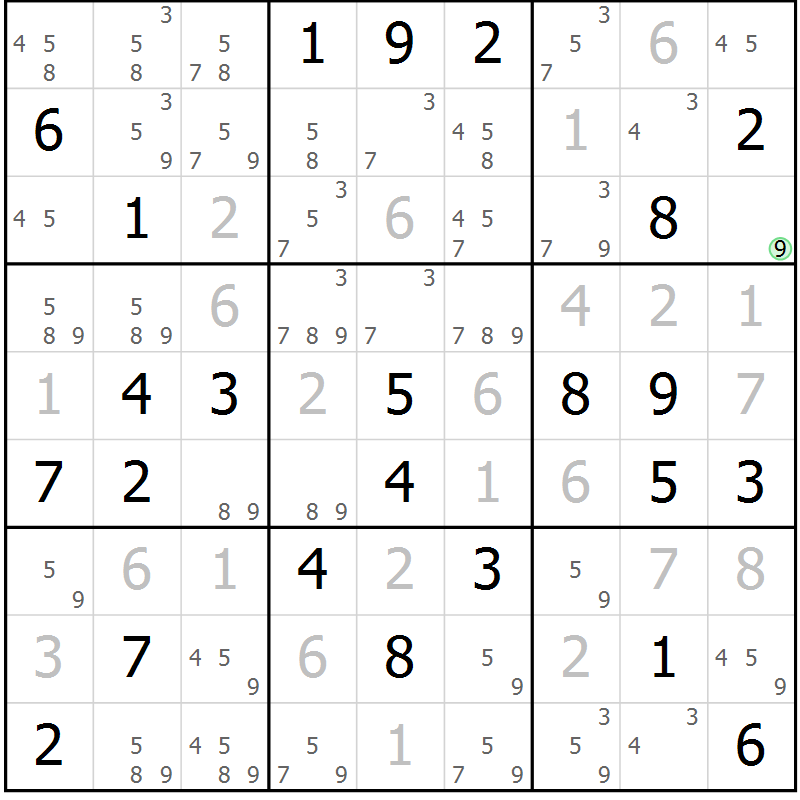 Position des candidats pour la solution de la Gr 25 page 28 du magazine de sudoku Maestro n° 102