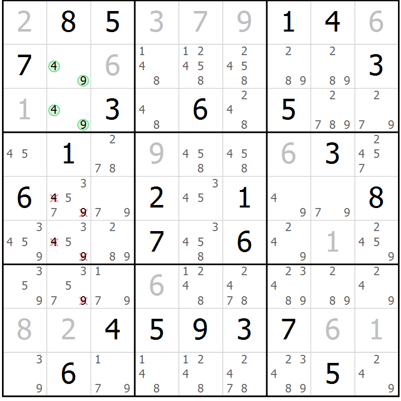 Position des candidats pour la solution de la Gr 28 page 31 du magazine de sudoku Maestro n° 102