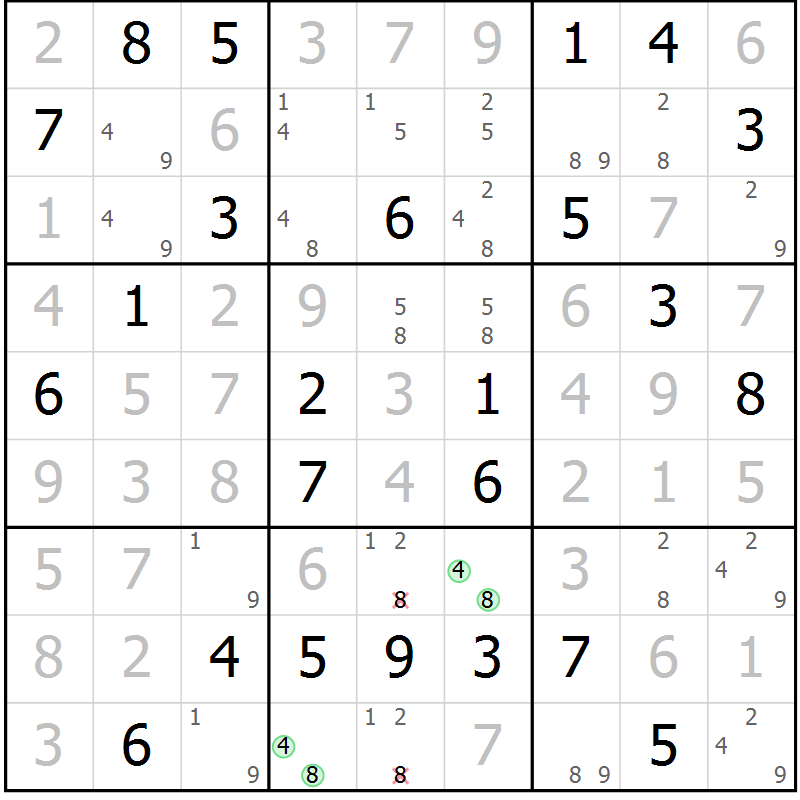 Position des candidats pour la solution de la Gr 28 page 31 du magazine de sudoku Maestro n° 102