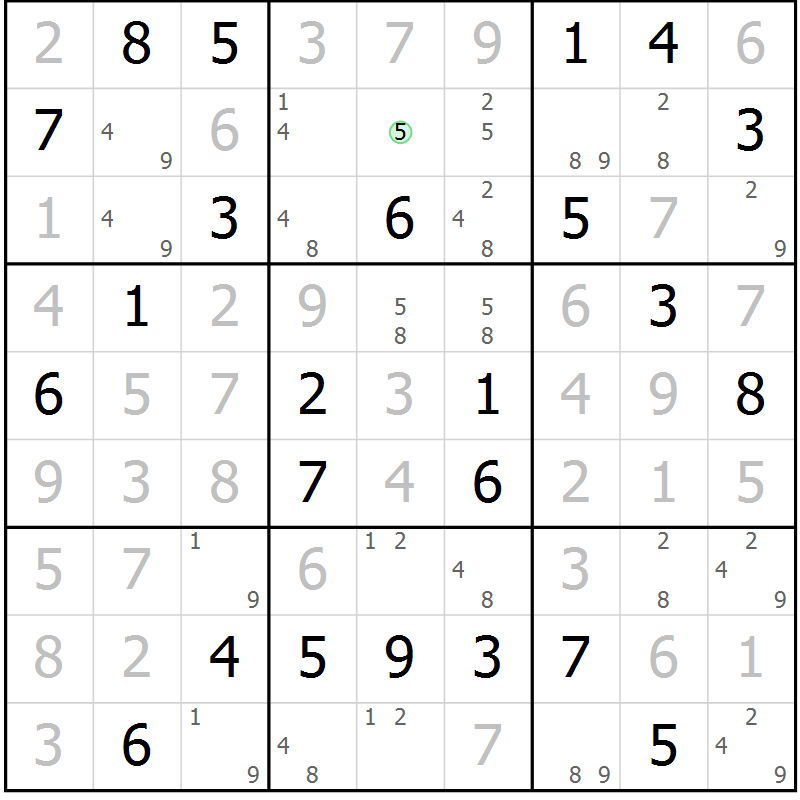 Position des candidats pour la solution de la Gr 28 page 31 du magazine de sudoku Maestro n° 102