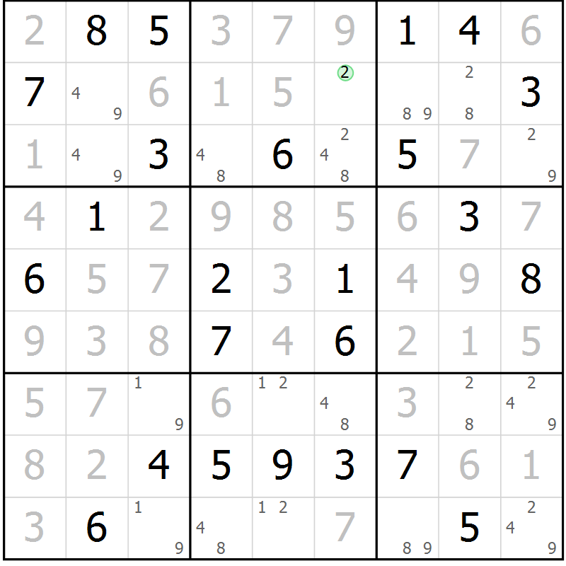 Position des candidats pour la solution de la Gr 28 page 31 du magazine de sudoku Maestro n° 102