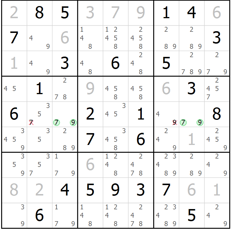 Position des candidats pour la solution de la Gr 28 page 31 du magazine de sudoku Maestro n° 102