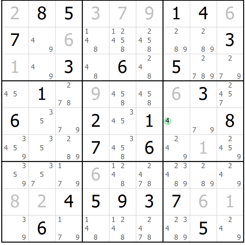 Position des candidats pour la solution de la Gr 28 page 31 du magazine de sudoku Maestro n° 102