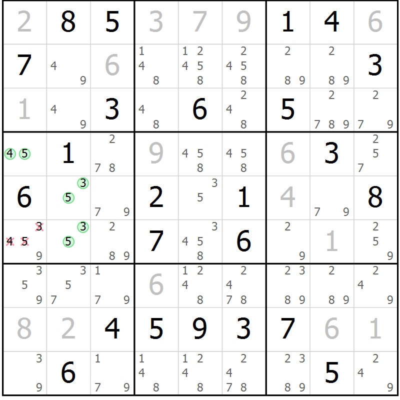 Position des candidats pour la solution de la Gr 28 page 31 du magazine de sudoku Maestro n° 102
