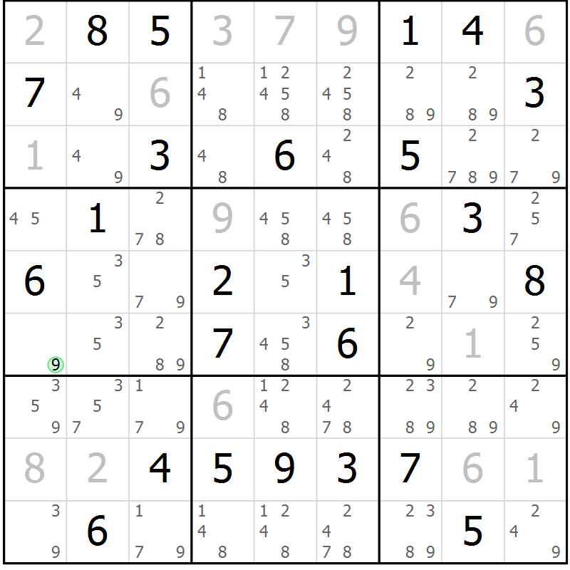 Position des candidats pour la solution de la Gr 28 page 31 du magazine de sudoku Maestro n° 102