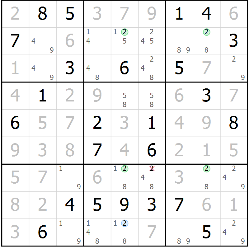 Position des candidats pour la solution de la Gr 28 page 31 du magazine de sudoku Maestro n° 102