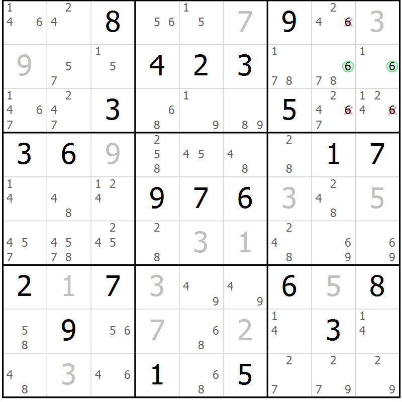 Position des candidats pour la solution de la Gr 3 page 6 du magazine de sudoku Maestro n° 102