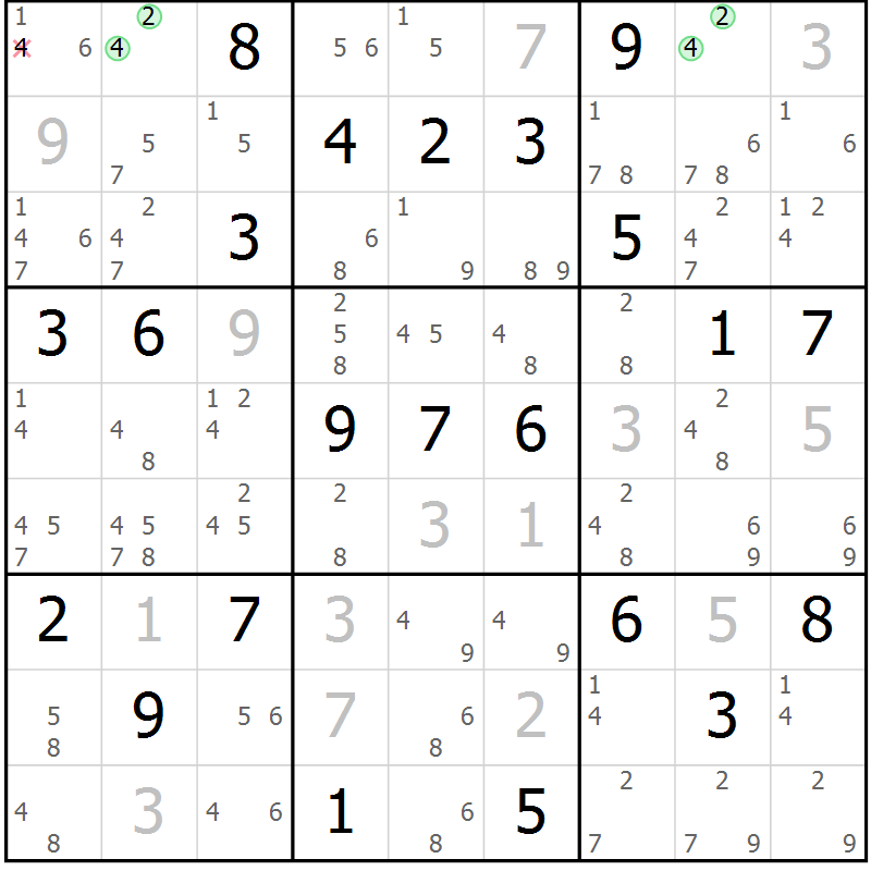Position des candidats pour la solution de la Gr 3 page 6 du magazine de sudoku Maestro n° 102