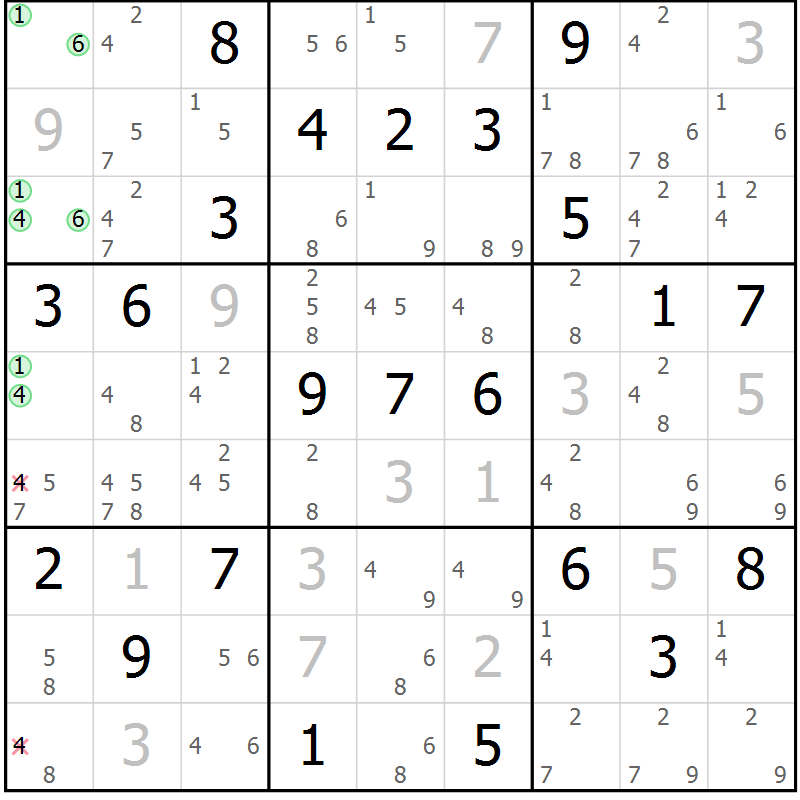 Position des candidats pour la solution de la Gr 3 page 6 du magazine de sudoku Maestro n° 102