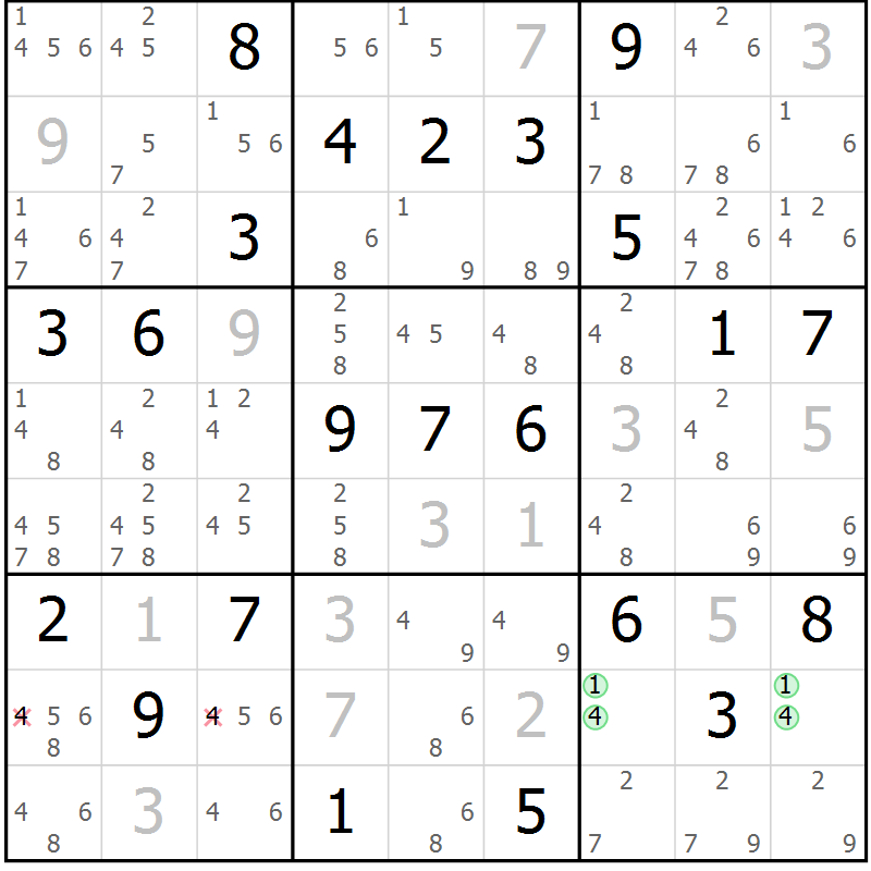 Position des candidats pour la solution de la Gr 3 page 6 du magazine de sudoku Maestro n° 102