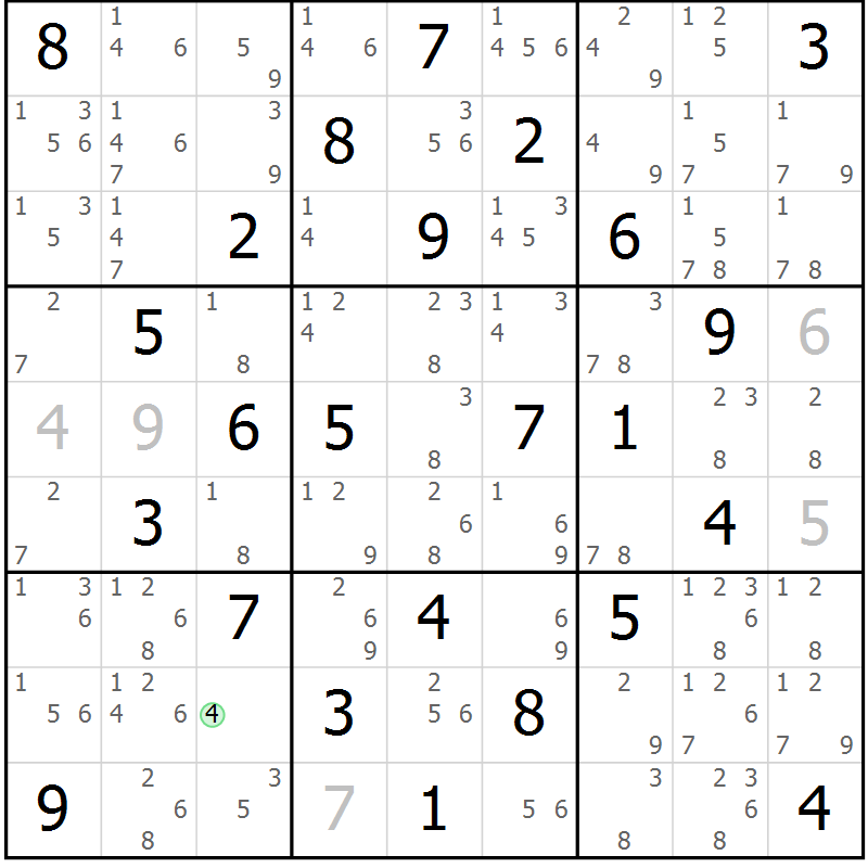 Position des candidats pour la solution de la Gr 30 page 33 du magazine de sudoku Maestro n° 102