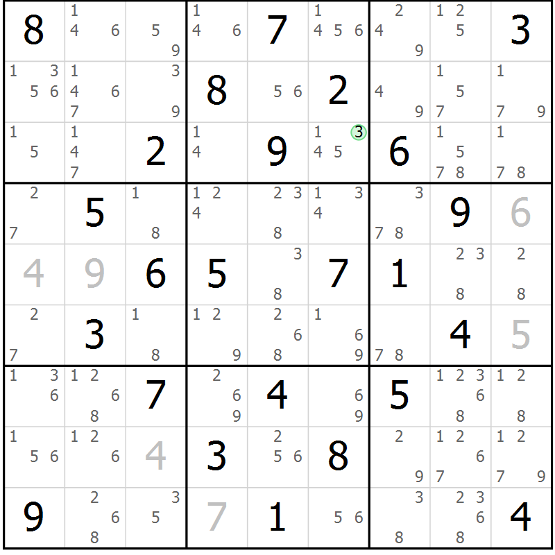 Position des candidats pour la solution de la Gr 30 page 33 du magazine de sudoku Maestro n° 102