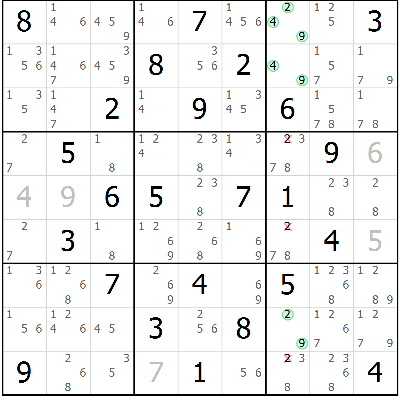 Position des candidats pour la solution de la Gr 30 page 33 du magazine de sudoku Maestro n° 102