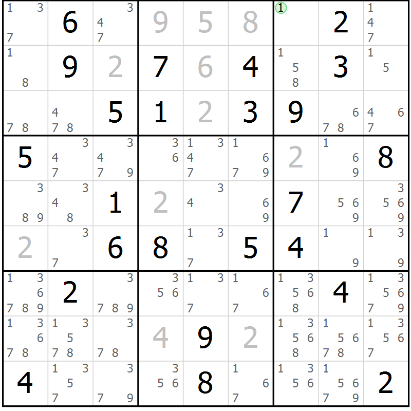 Position des candidats pour la solution de la Gr 32 page 35 du magazine de sudoku Maestro n° 102