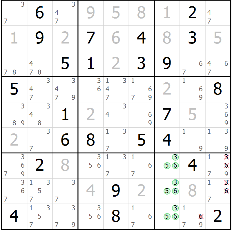 Position des candidats pour la solution de la Gr 32 page 35 du magazine de sudoku Maestro n° 102