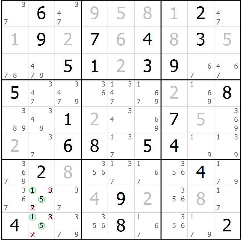Position des candidats pour la solution de la Gr 32 page 35 du magazine de sudoku Maestro n° 102