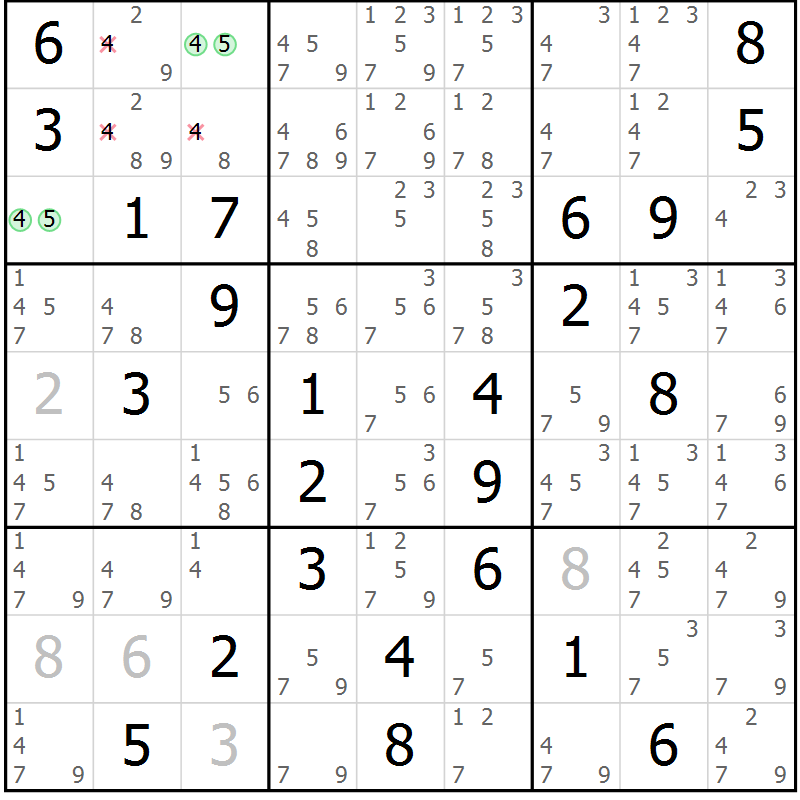 Position des candidats pour la solution de la Gr 33 page 36 du magazine de sudoku Maestro n° 102