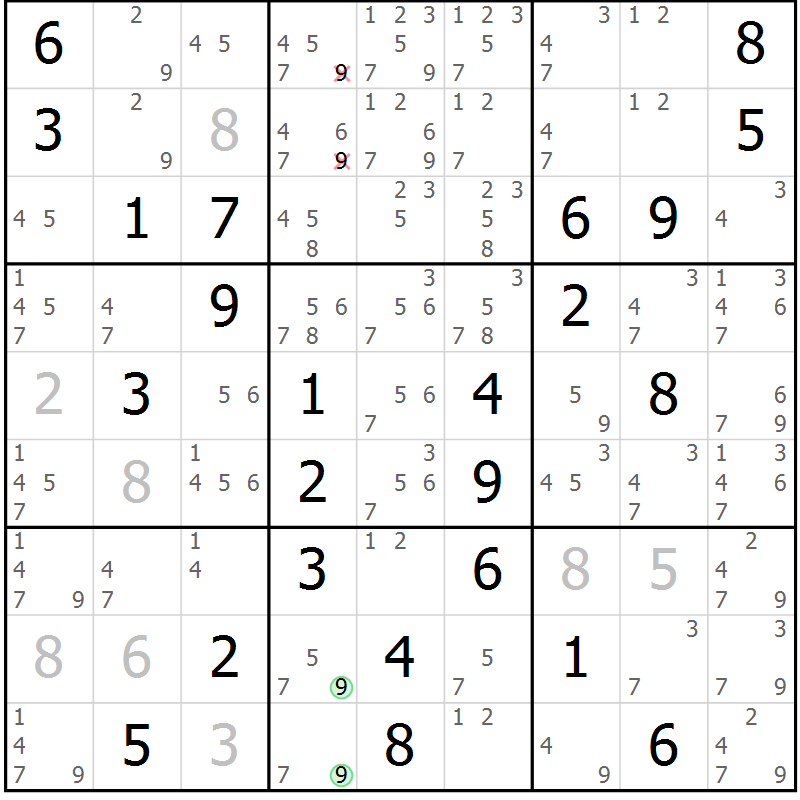 Position des candidats pour la solution de la Gr 33 page 36 du magazine de sudoku Maestro n° 102