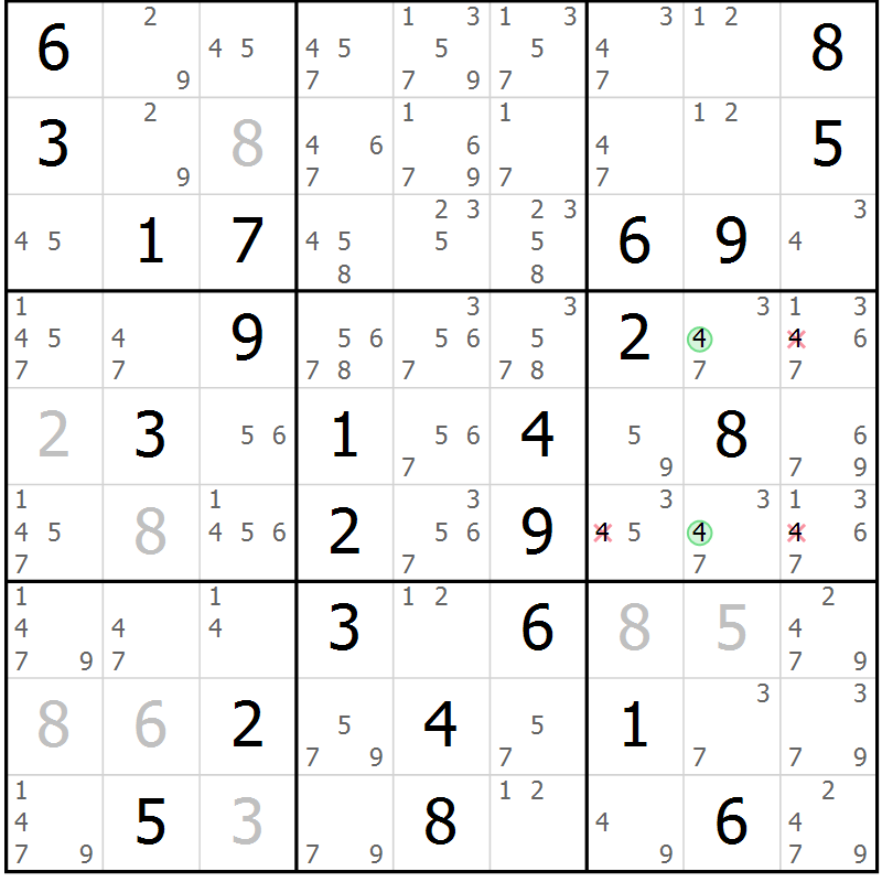Position des candidats pour la solution de la Gr 33 page 36 du magazine de sudoku Maestro n° 102