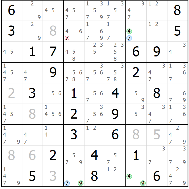 Position des candidats pour la solution de la Gr 33 page 36 du magazine de sudoku Maestro n° 102