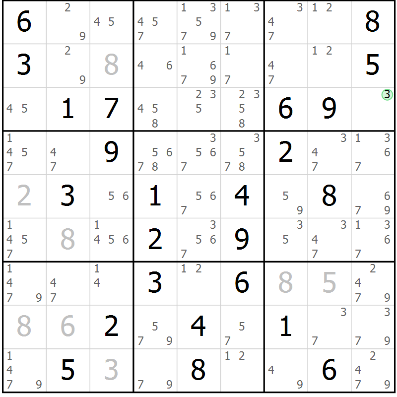 Position des candidats pour la solution de la Gr 33 page 36 du magazine de sudoku Maestro n° 102