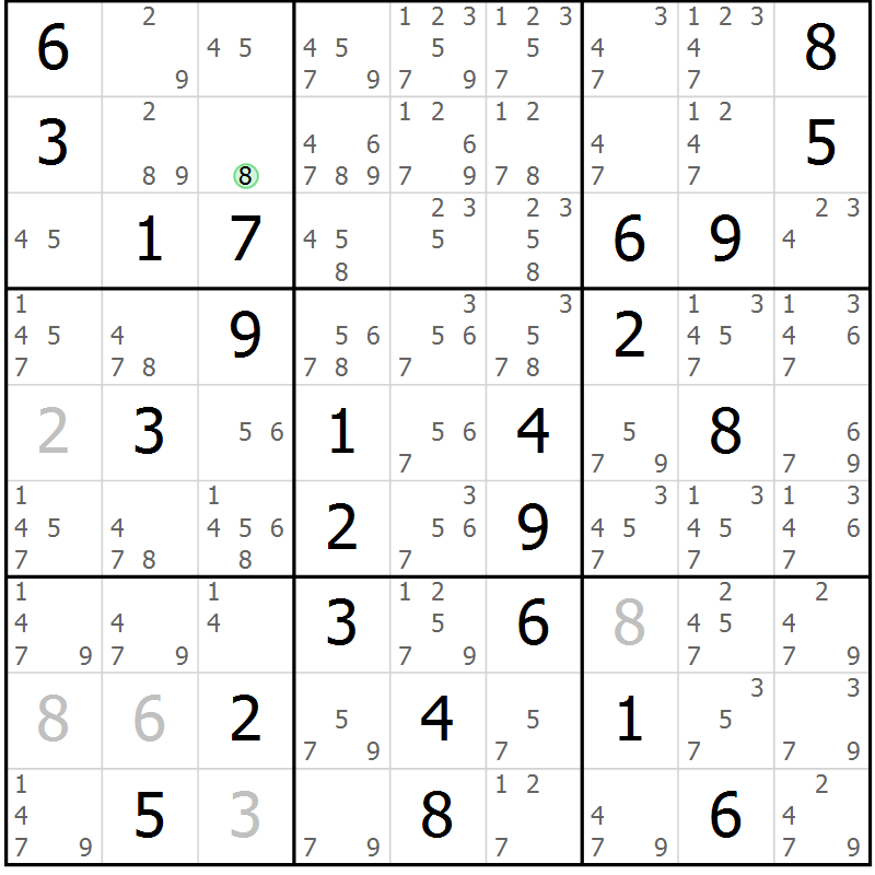 Position des candidats pour la solution de la Gr 33 page 36 du magazine de sudoku Maestro n° 102