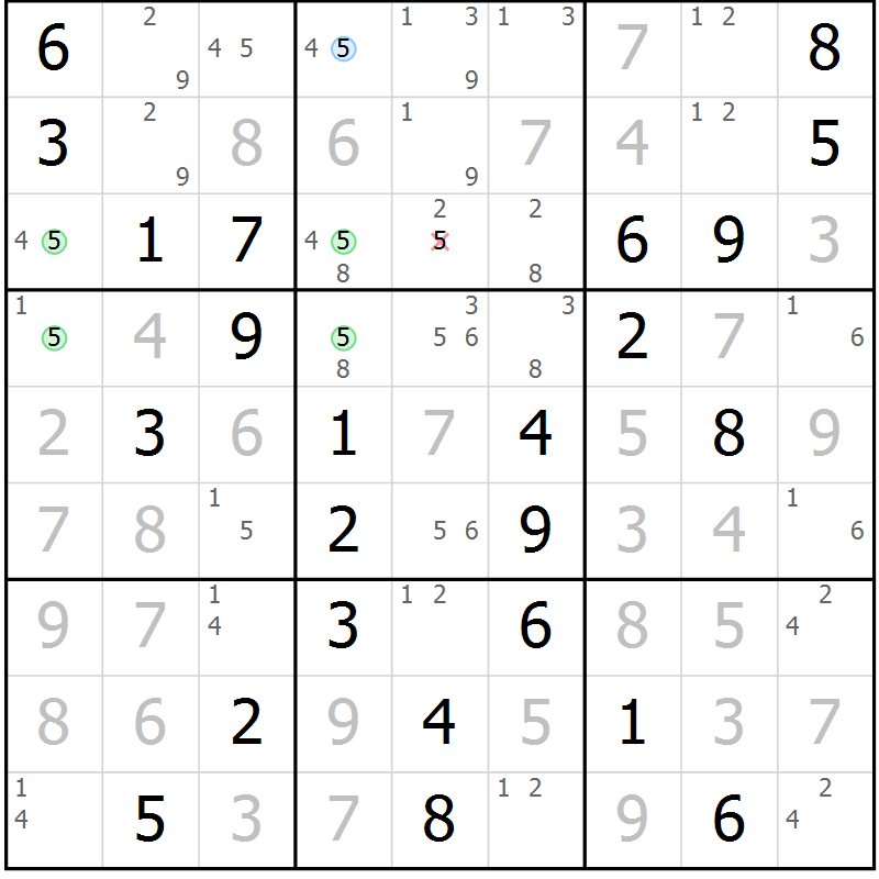 Position des candidats pour la solution de la Gr 33 page 36 du magazine de sudoku Maestro n° 102
