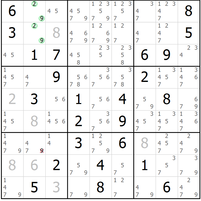 Position des candidats pour la solution de la Gr 33 page 36 du magazine de sudoku Maestro n° 102
