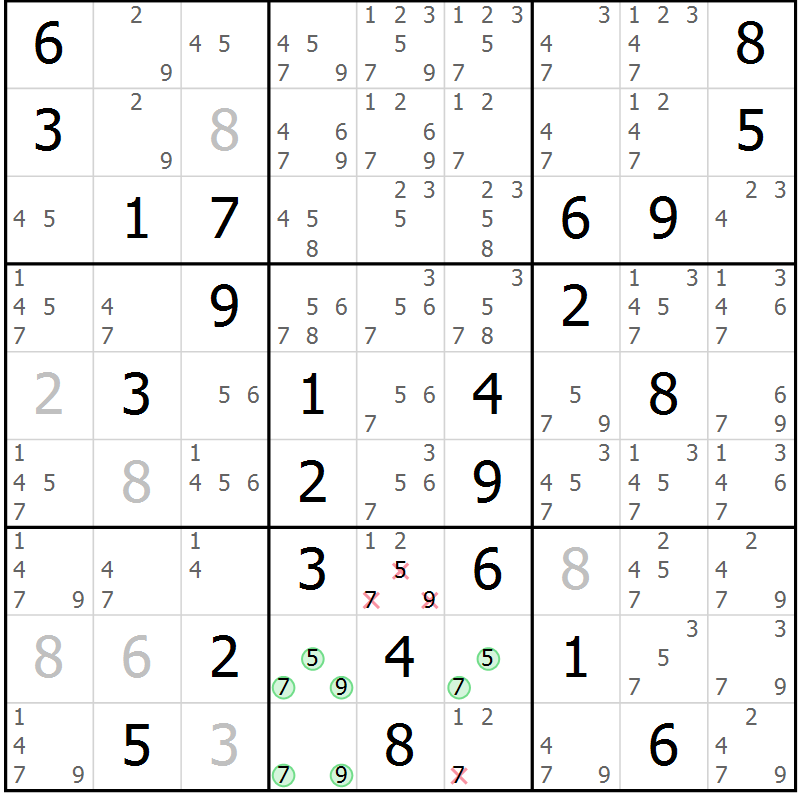 Position des candidats pour la solution de la Gr 33 page 36 du magazine de sudoku Maestro n° 102