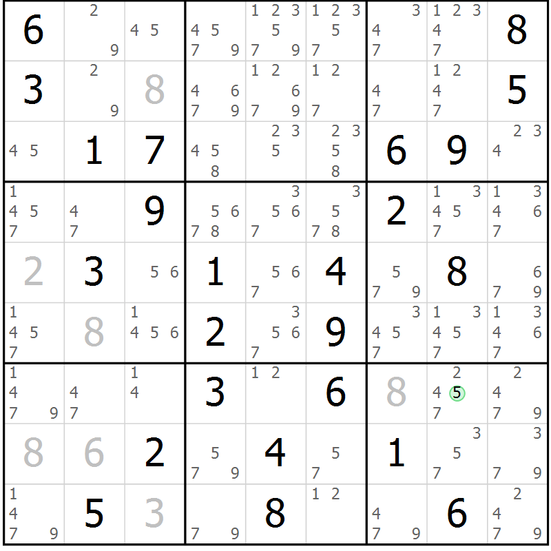 Position des candidats pour la solution de la Gr 33 page 36 du magazine de sudoku Maestro n° 102