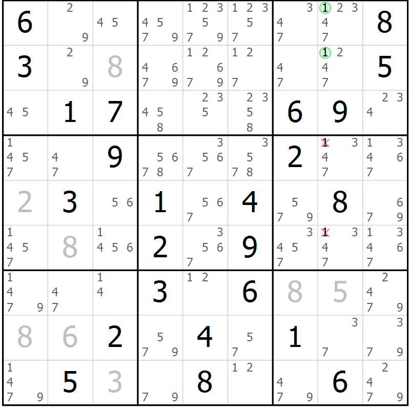 Position des candidats pour la solution de la Gr 33 page 36 du magazine de sudoku Maestro n° 102