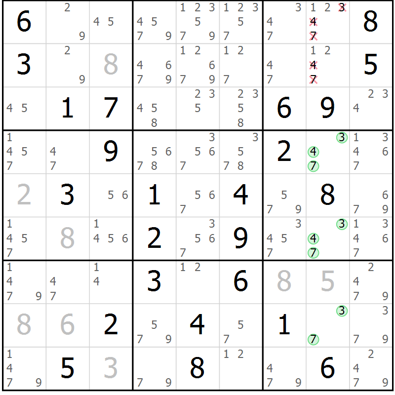 Position des candidats pour la solution de la Gr 33 page 36 du magazine de sudoku Maestro n° 102