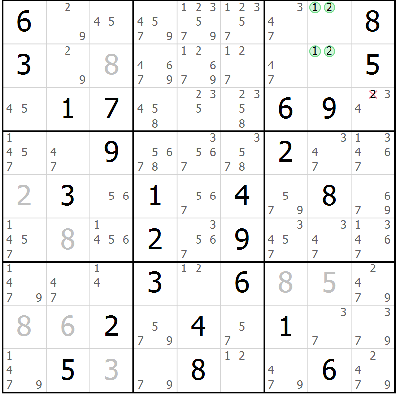 Position des candidats pour la solution de la Gr 33 page 36 du magazine de sudoku Maestro n° 102