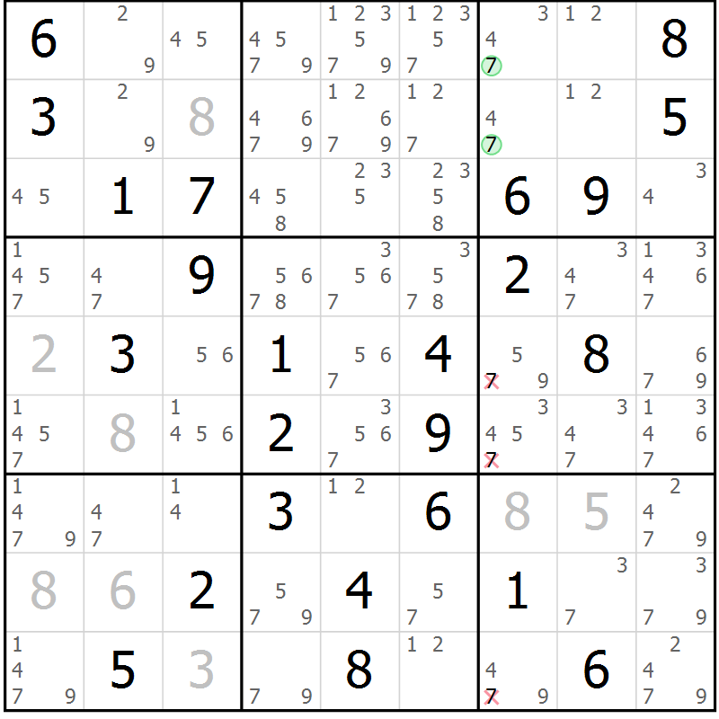 Position des candidats pour la solution de la Gr 33 page 36 du magazine de sudoku Maestro n° 102